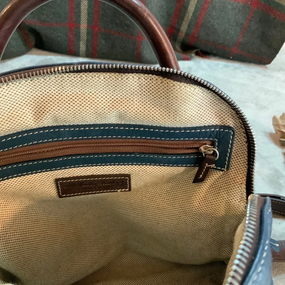 Dooney & Bourke Pebbled Leather Backpack Slate Blue Brown Trim Dome Bag